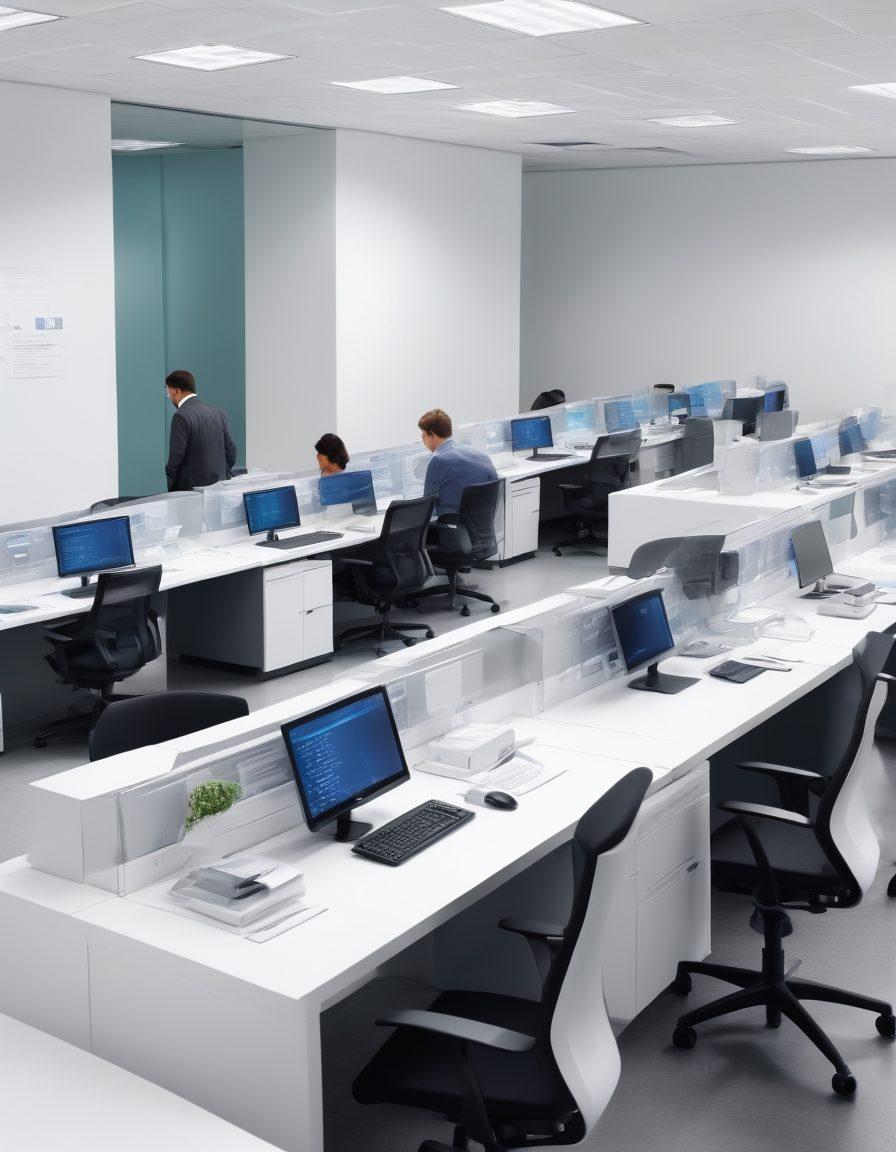 A sleek office setting showcasing modern fax machines that blend technology and efficiency, surrounded by business professionals engaged in seamless communication. Elements of digital security, such as locks and firewalls, subtly integrated into the design, symbolizing secure transmission. Include vibrant elements like glowing screens and flowing paper, to convey speed and reliability. super-realistic. vibrant colors. white background.