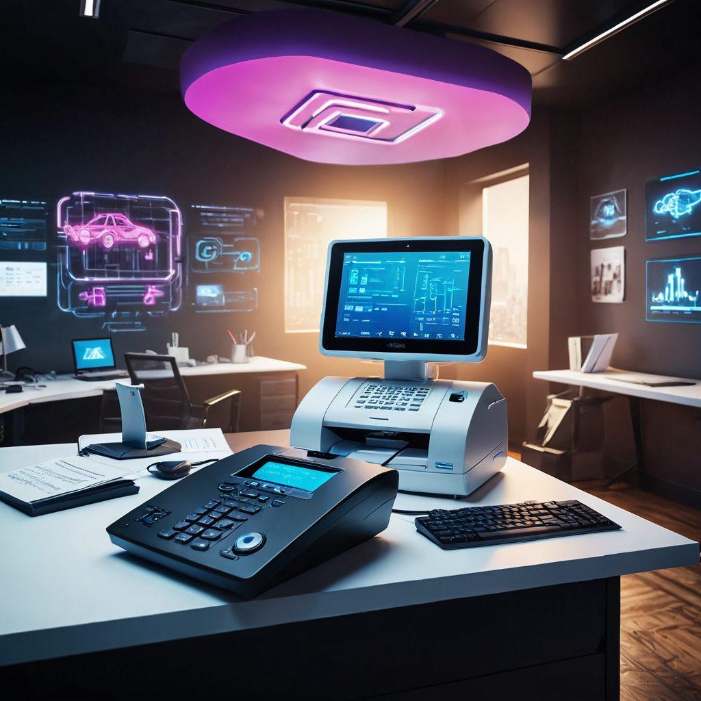 A futuristic office scene depicting the evolution of fax technology from traditional machines to cloud computing. Show an old-fashioned fax machine fading into a sleek, modern cloud interface with digital data streams. Include visual elements like paper transitioning into binary code in the background, symbolizing technological change. The office should have a vibrant, techy atmosphere with bright colors reflecting innovation. super-realistic. vibrant colors. cyberpunk.