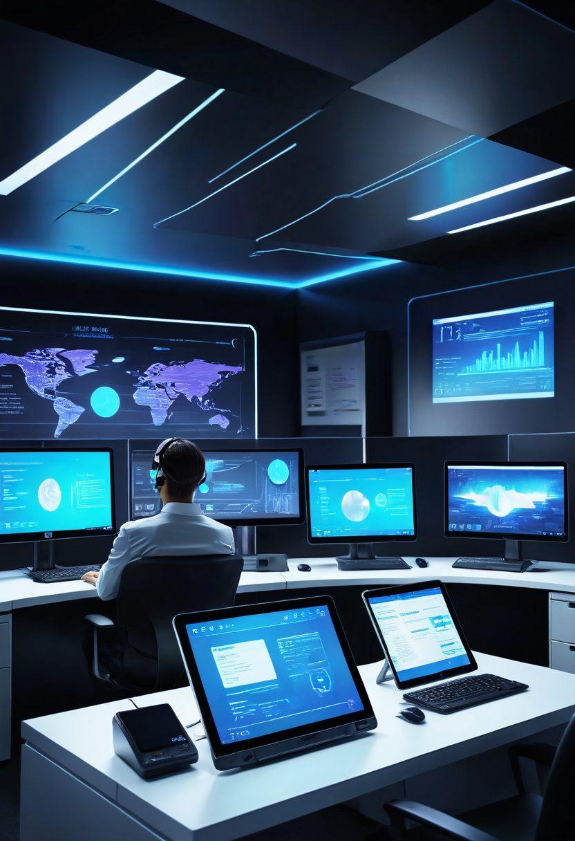 A futuristic office environment showcasing a sleek, advanced fax machine seamlessly integrated with digital devices like tablets and smartphones. Bright holographic screens display messages and documents, symbolizing the evolution of communication. A diverse group of professionals engage in collaboration, with abstract digital elements flowing around them, illustrating connectivity and progress. Emphasize a balance of retro fax technology and modern digital aesthetics. cyberpunk. vibrant colors. 3D.